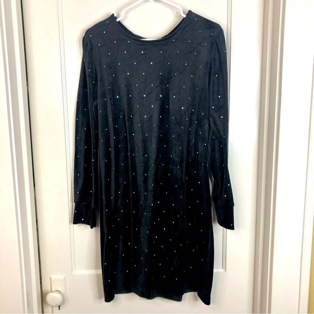 Loft black velvet long sleeve rhinestone bead dress tie at back neck size large